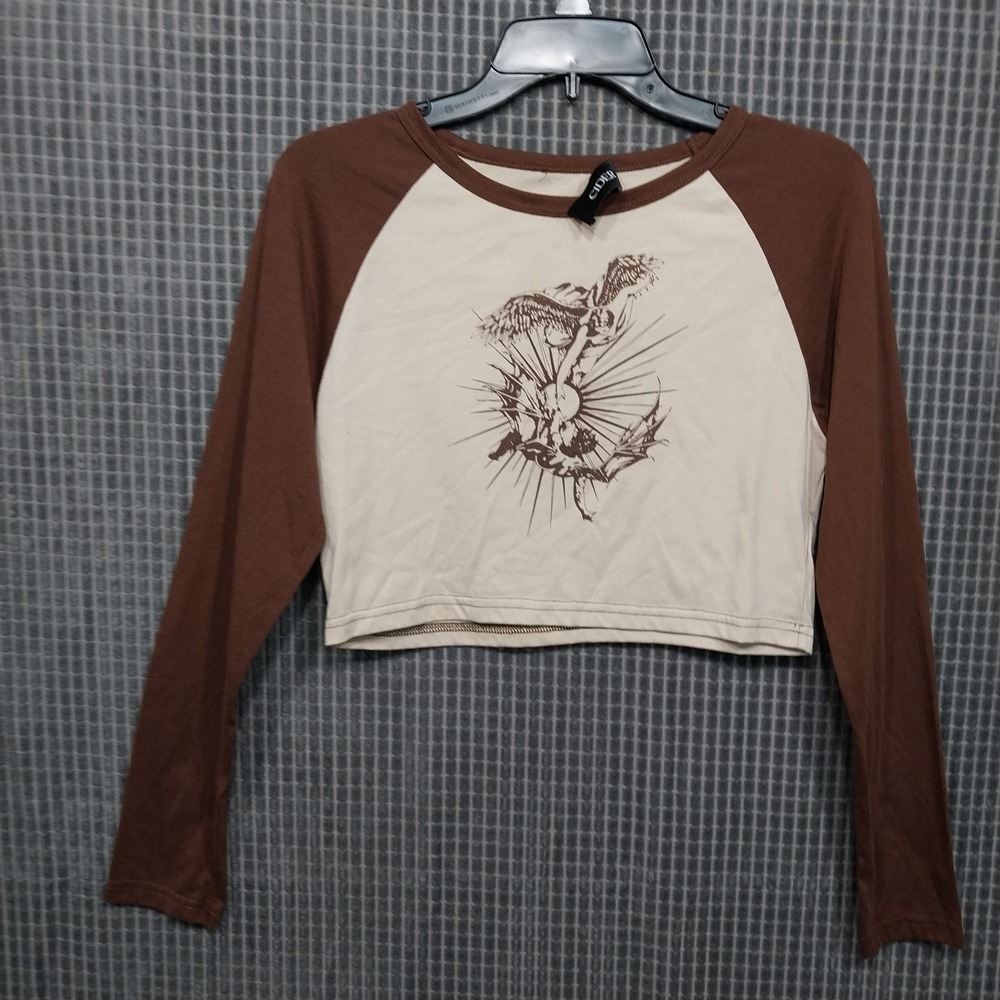 Cider Womens Crop Top‎ Raglan Graphic Angel Demon L Brown Cream